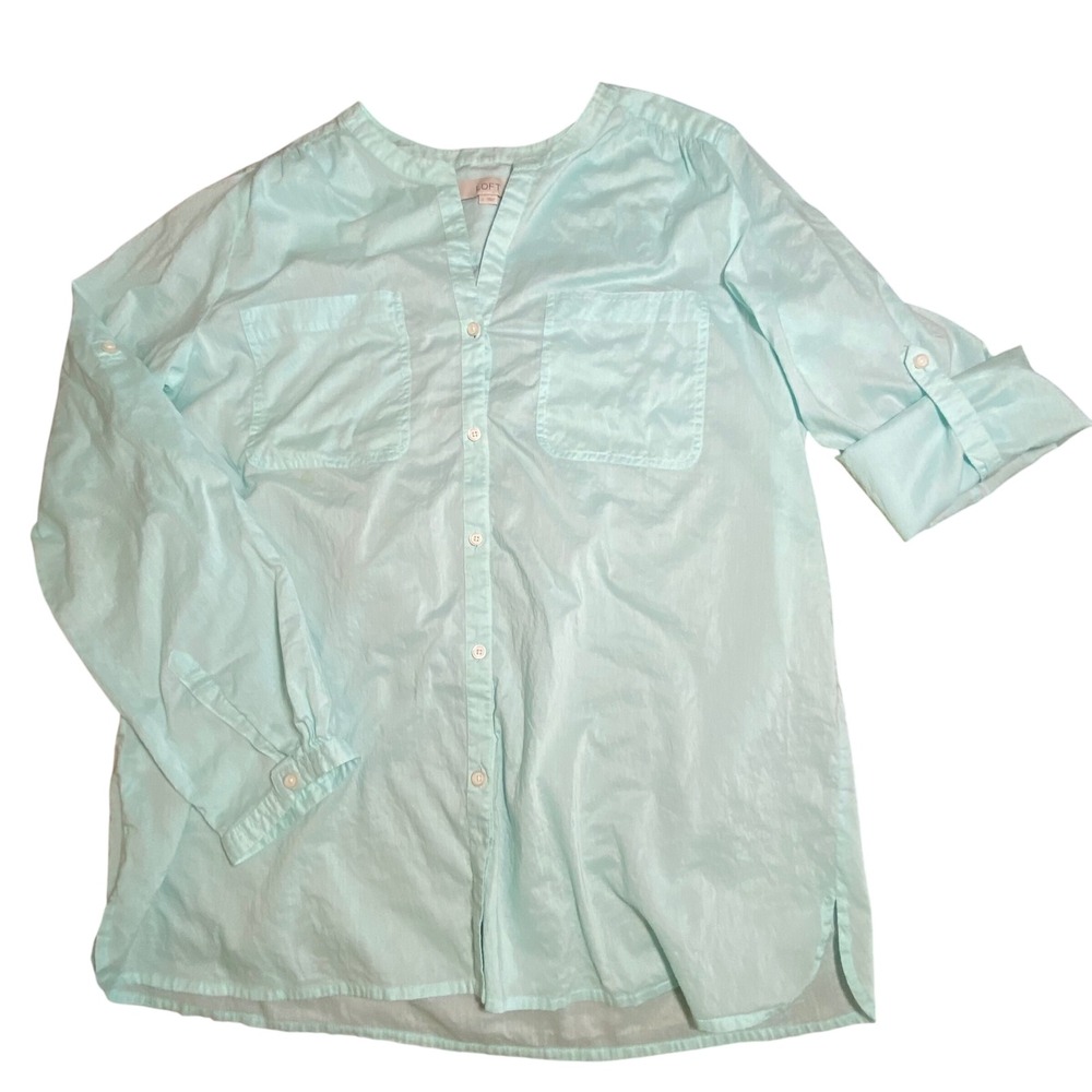 LOFT Womens Mint Green 100% Cotton Roll Tab Sleeve Button Down Shirt Large